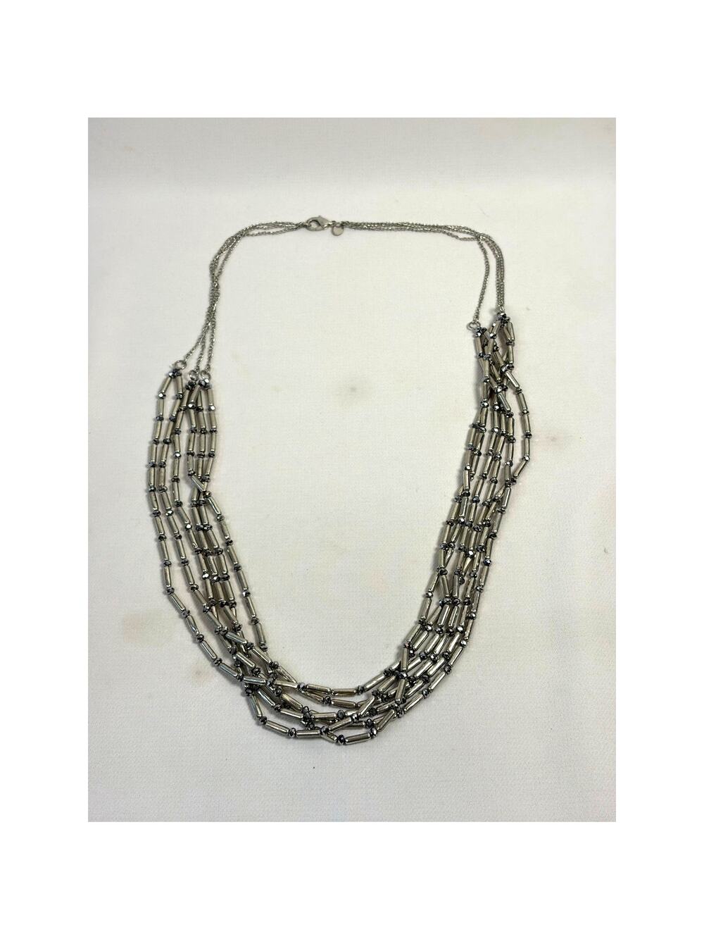 CHICO'S Silver Metal Grey Crystal Bead Layered Multi Strand STATEMENT NECKLACE